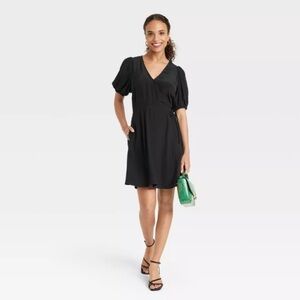 Women's Balloon Short Sleeve Wrap Dress - A New Day Black